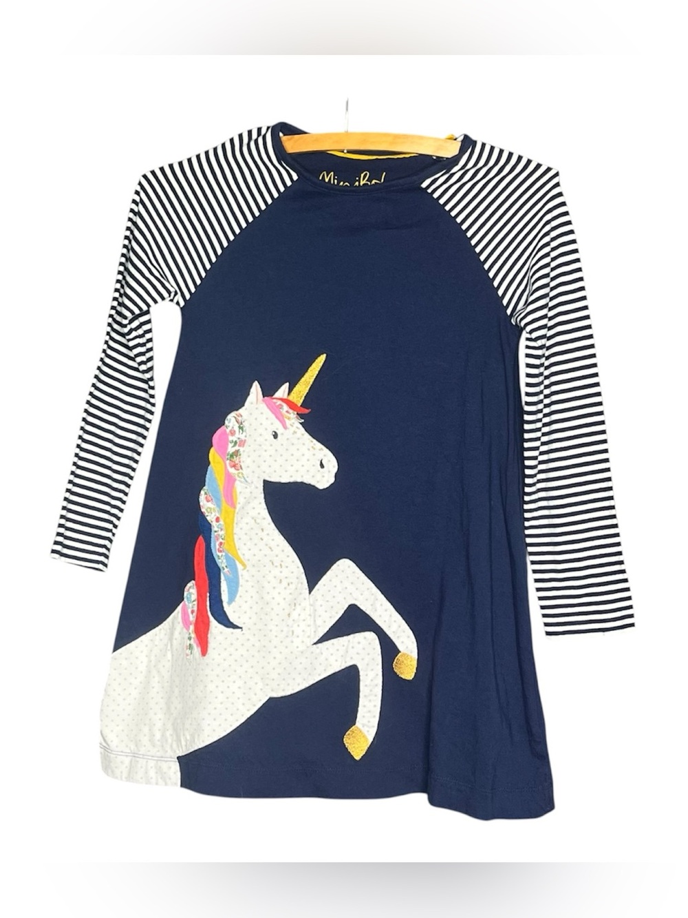 Mini Boden Magical Unicorn Dress Girls Size 7-8Y Navy Blue Stripes
